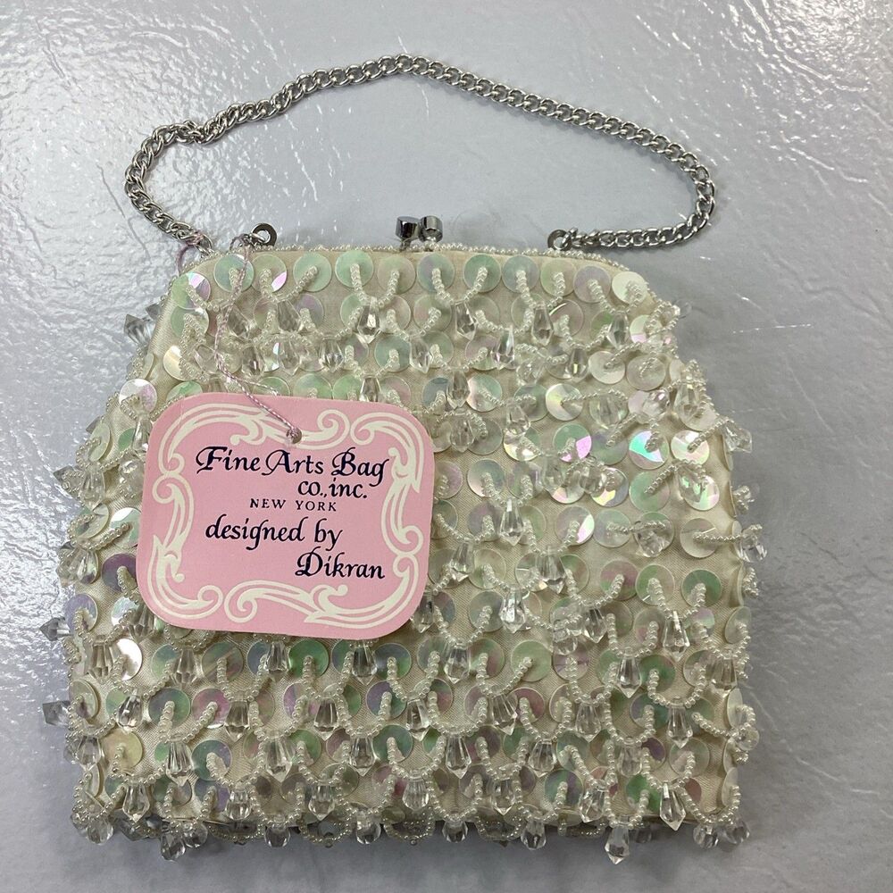 Vtg Dikran White Sequin Beaded Purse Fine Arts Bag NY New With Tags Chain Strap